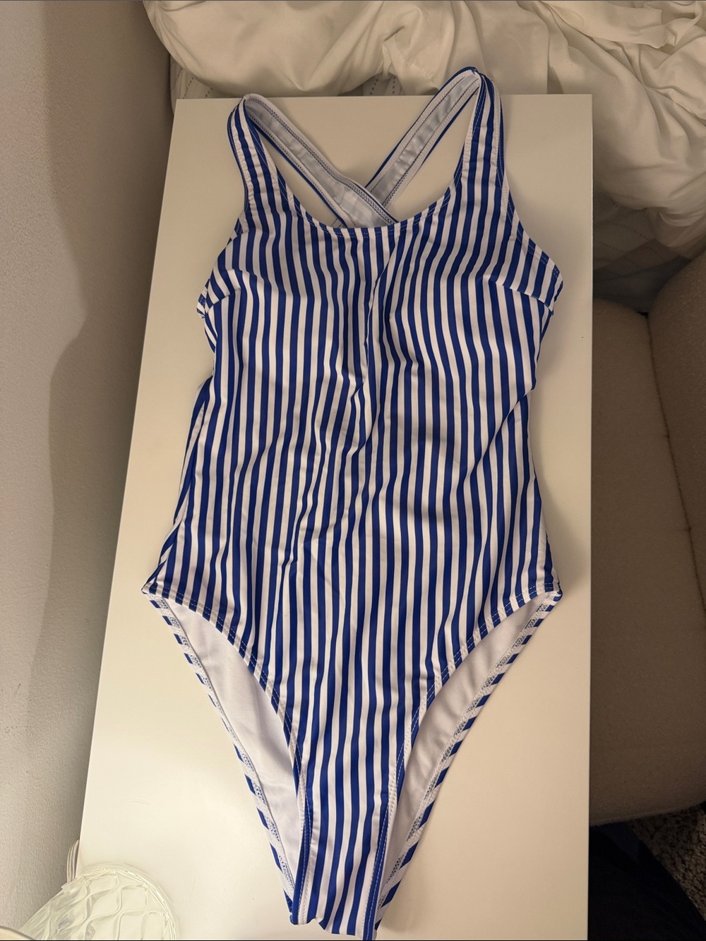 Women’s Blue and White Striped One-Piece Swimsuit